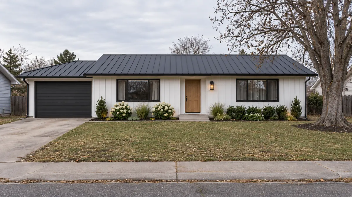 Drag to compare the dated ranch house and its modern farmhouse remodel (after)