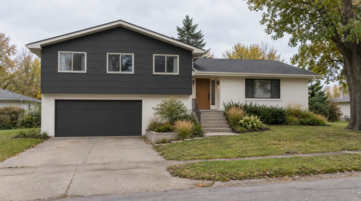 Drag to compare the 1970s split-level and its contemporary remodel (after)