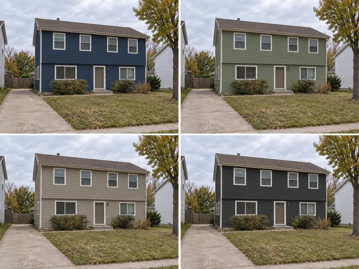 The same narrow house painted blue, gray, red, and dark gray in four AI versions