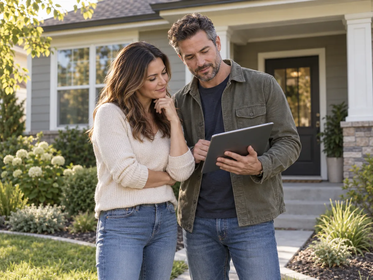 A couple in front of their house holding a tablet with an exterior remodel design