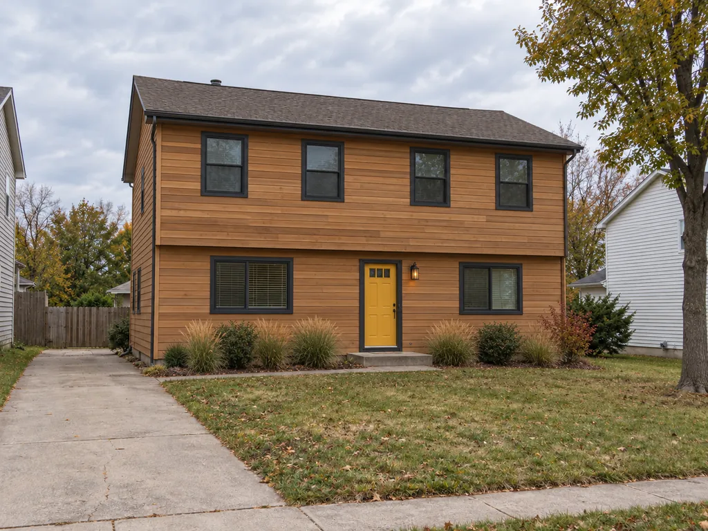 Drag to compare a plain beige house and the same house in a mid-century wood exterior (after)