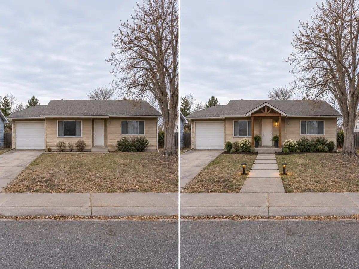 A single-story home shown with an added patio, a pool, and a gazebo in AI versions