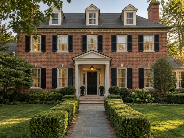 Red brick colonial facade with black shutters and boxwood hedges