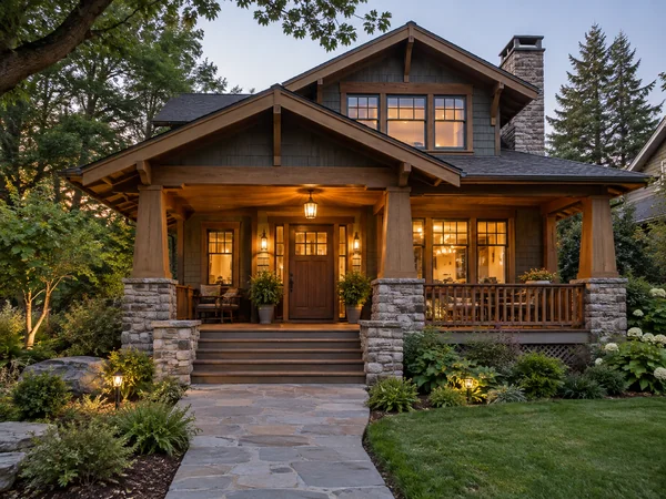 Craftsman house with a deep wood porch and stone column bases