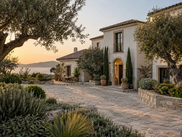 Mediterranean villa with cream stucco, a tile roof, and olive trees
