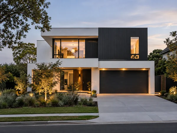 Modern two-story house with white walls, black cladding, and a flat roof