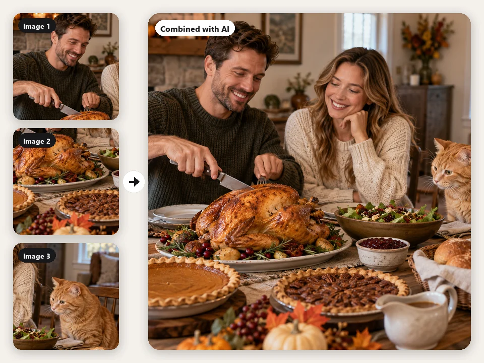 AI image combiner merging a couple portrait, a table of Thanksgiving dishes, and a ginger cat into one cozy dinner photo