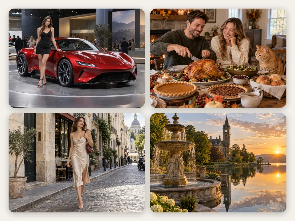 Four results from an AI image combiner: a car show, a family dinner, a fashion street photo, and a landmark landscape