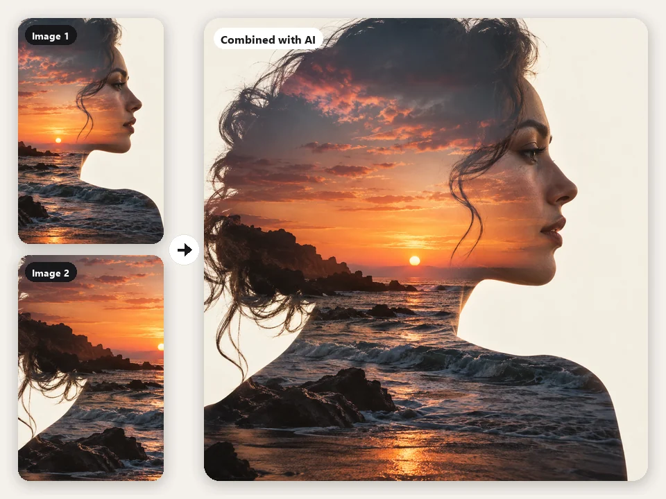 A portrait and a sunset photo blended into a double exposure by an AI image mixer