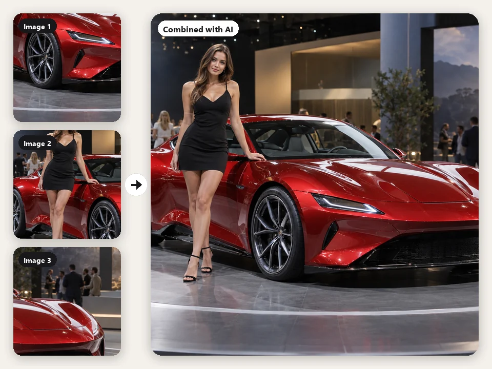 A red sports car, a model, and an empty showroom combined into one car show photo with AI
