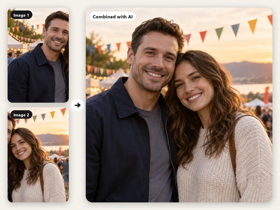 AI put two people together: a man’s portrait and a woman’s portrait merged into one festival photo