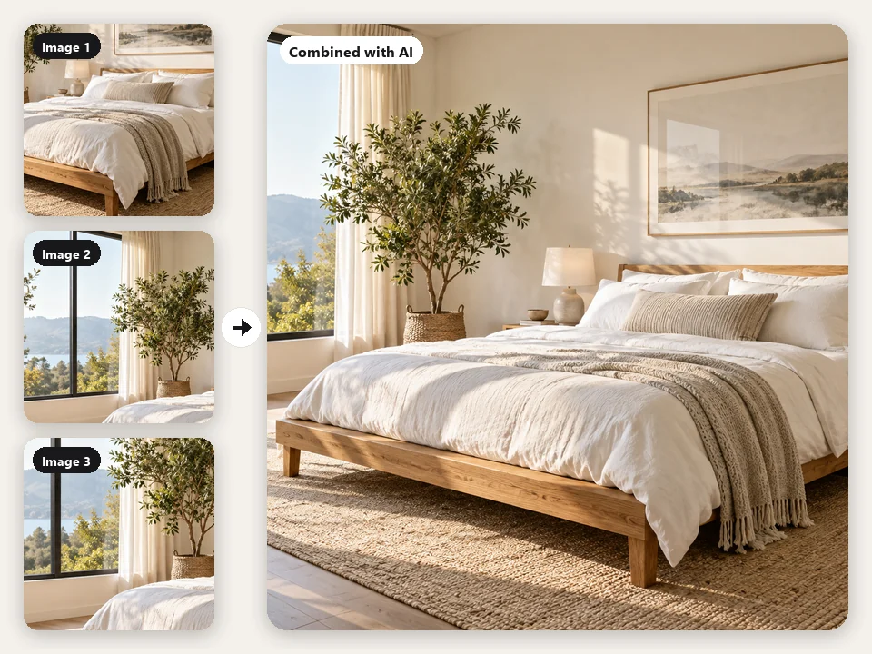 Merge images AI example: a bed, an empty room, and a plant merged into one furnished bedroom mockup