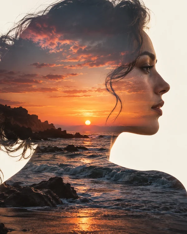 Botanical double exposure portrait blending a woman and flowers, an AI image fusion example