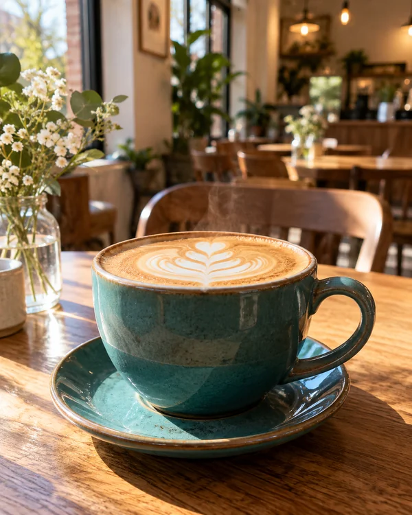 Teal ceramic coffee cup combined into a sunlit café table scene with AI