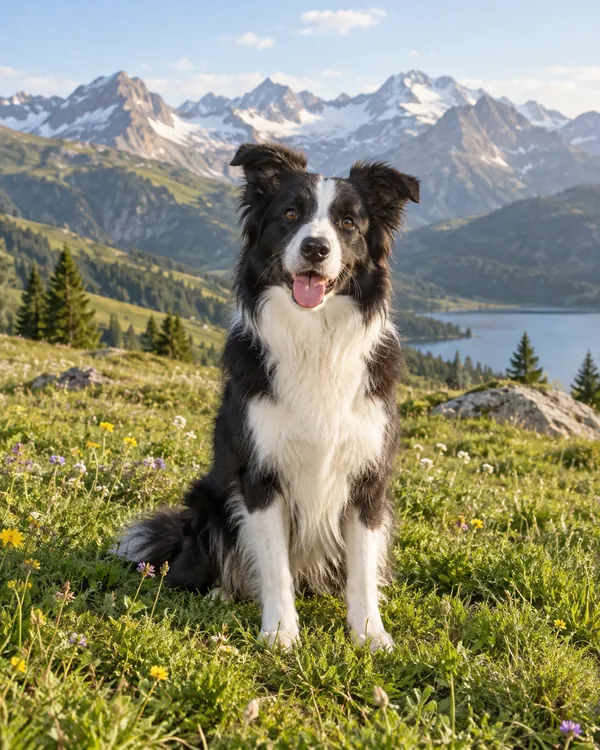 Border collie merged into a sunny mountain meadow with an AI image blender
