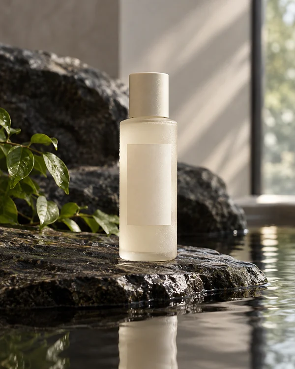 Skincare bottle combined with a stone and water backdrop for a campaign image