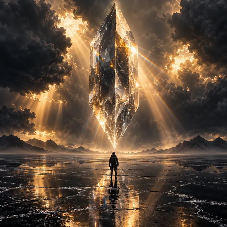 AI image of a lone explorer under a giant floating crystal prism on a dark salt flat