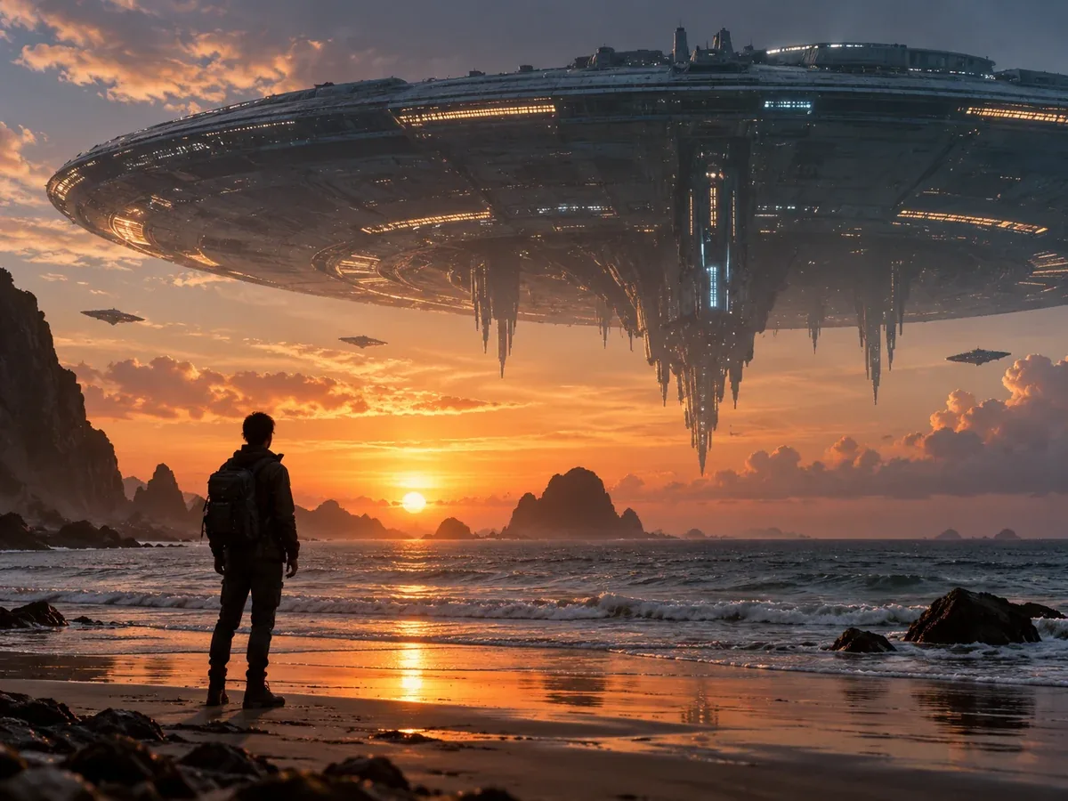 Photo AI generator result of a traveler watching a giant ship hover over a sunset beach