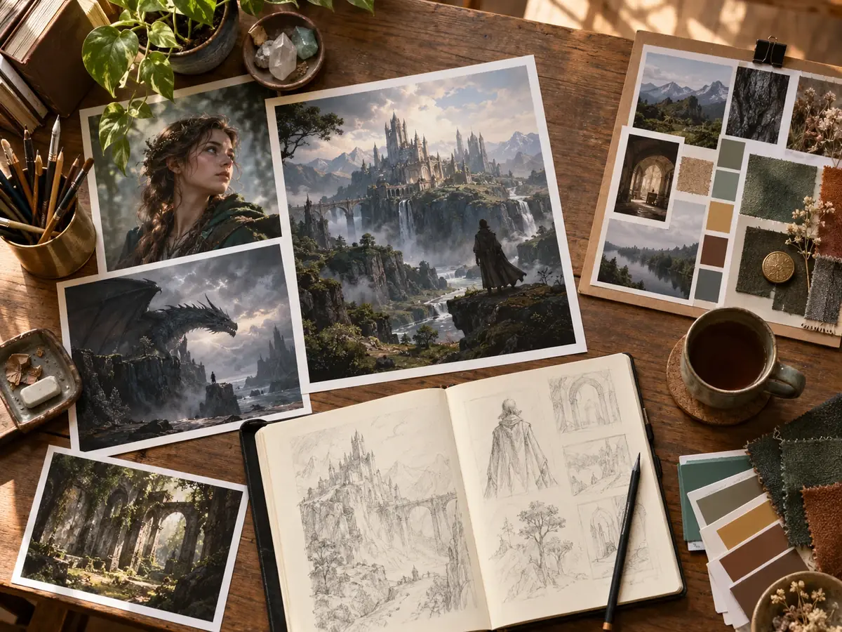 Designer desk with printed AI images, a laptop, and mood board layouts