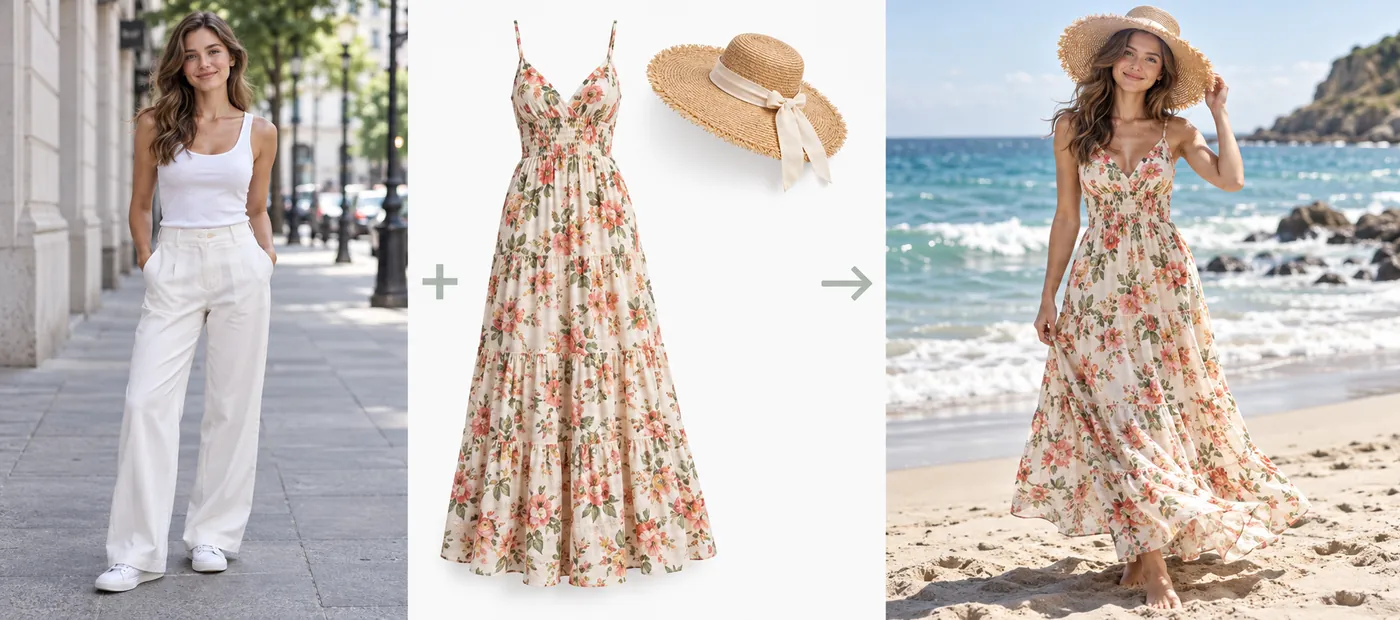 Photo merge AI example: a woman and a floral dress combined into one beach photo of her wearing the dress