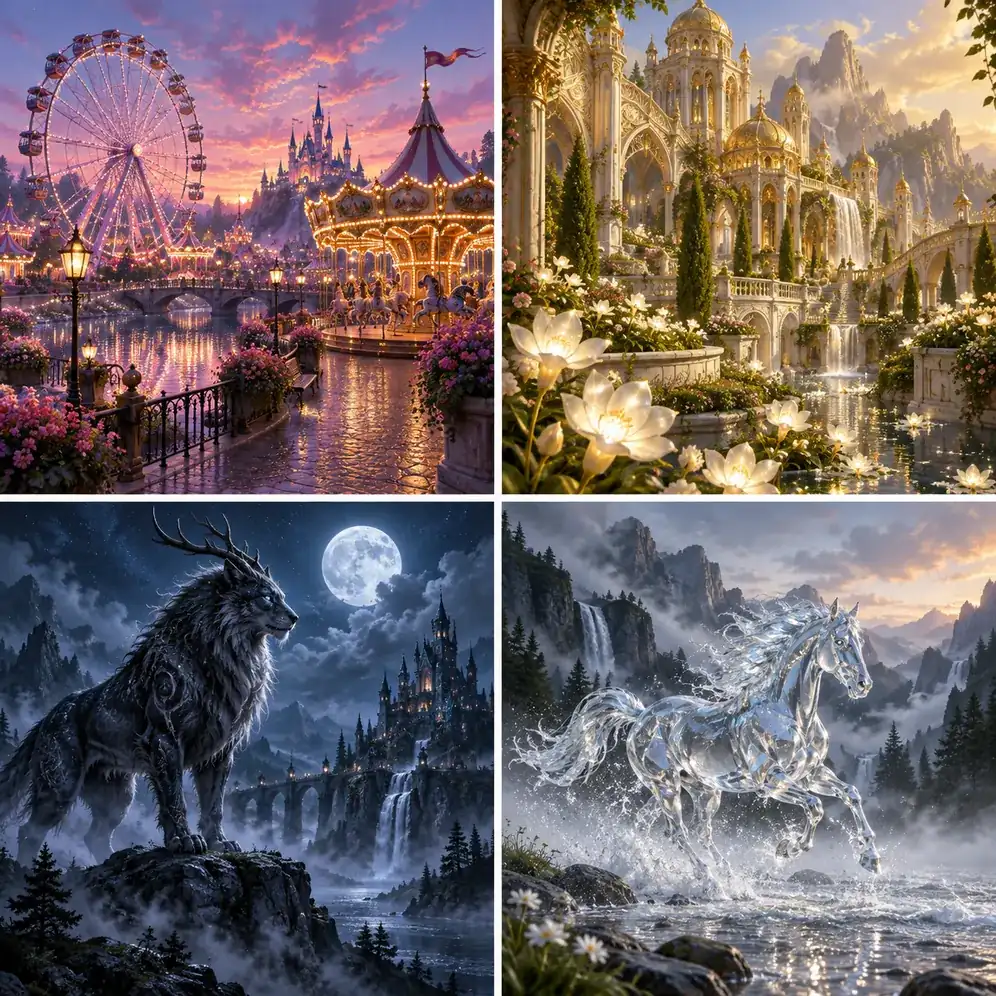 Four AI images in different styles: a dreamy playground, an ornate garden, a night menagerie, and a glass horse
