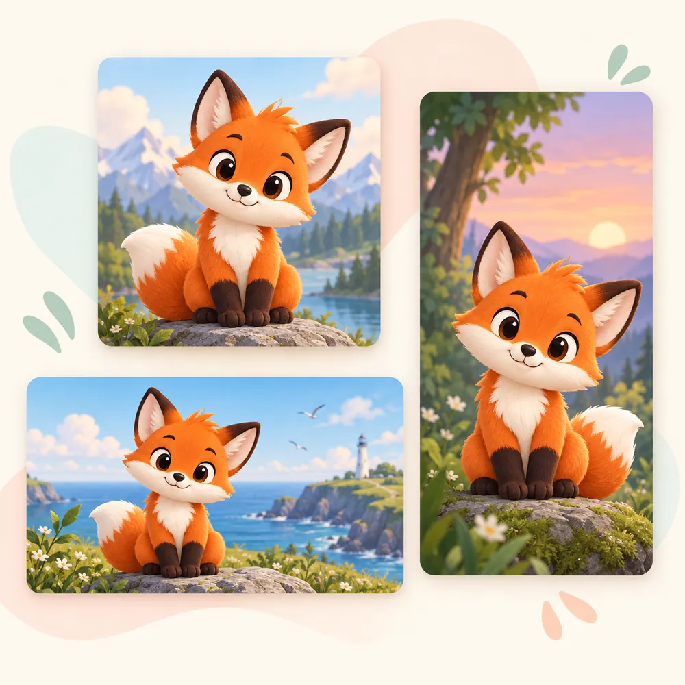 The same cartoon fox generated in square, wide, and tall aspect ratios