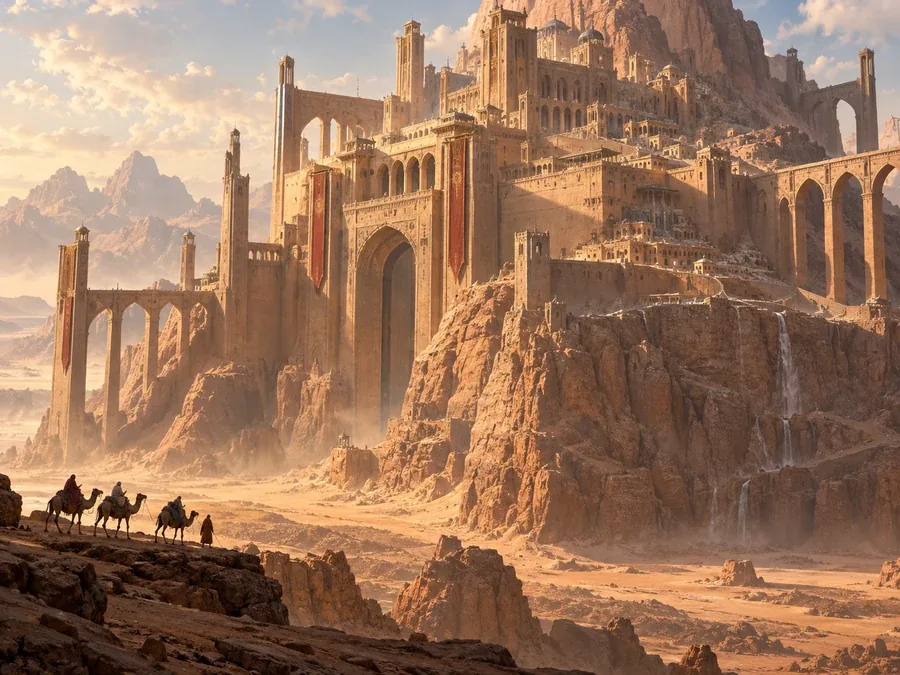 AI generated city carved into a giant desert citadel at dawn