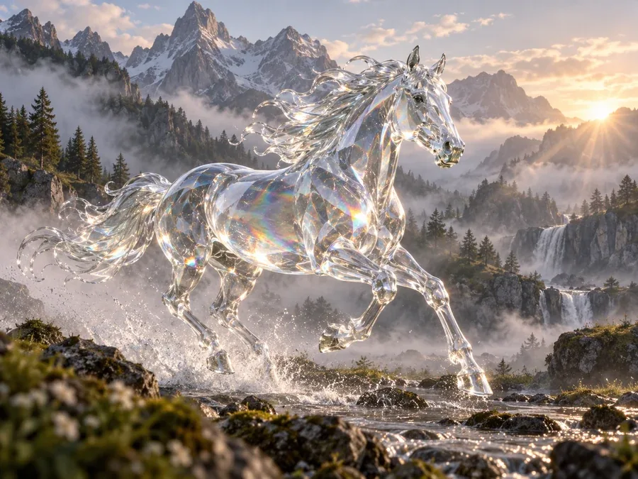AI generated monster-style concept art of a glass horse galloping across a misty valley