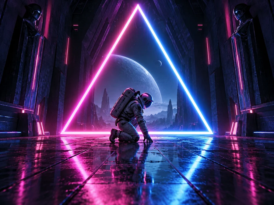 Astronaut kneeling inside a glowing neon triangle in a dark corridor
