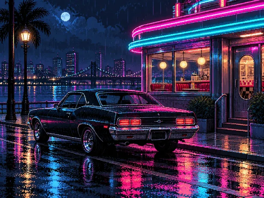 Pixel art of a vintage car parked under neon diner signs on a rainy night