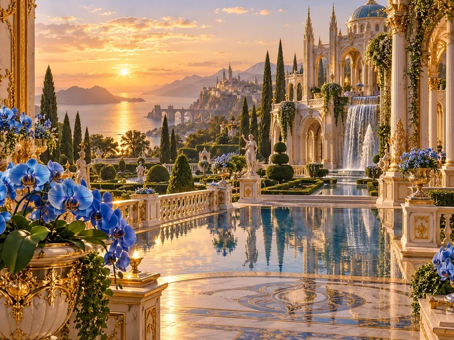 Ornate fantasy illustration of a palace garden full of blue orchids