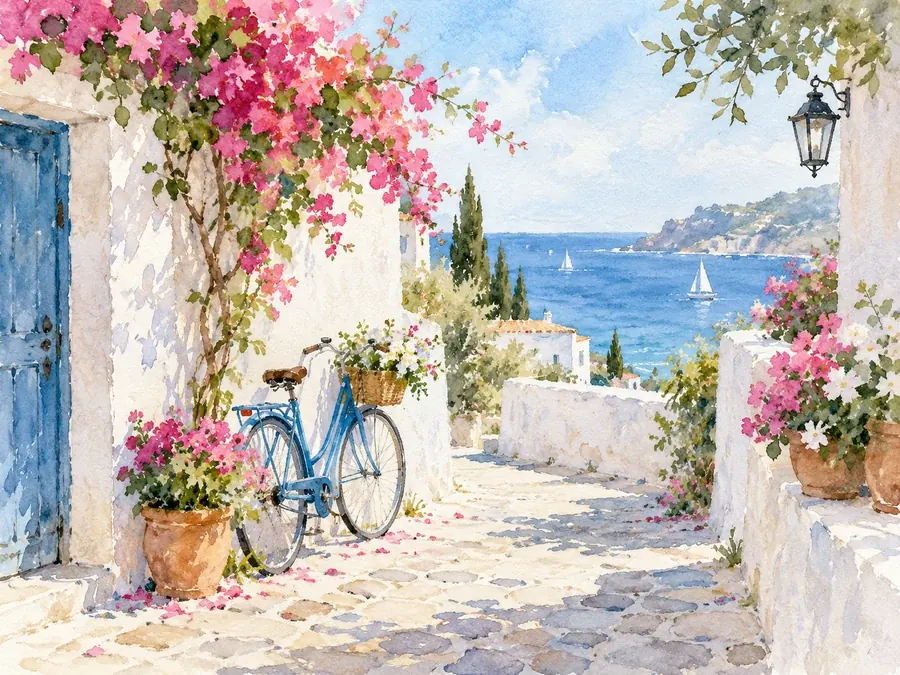 Watercolor painting of a flowered seaside lane with a blue bicycle