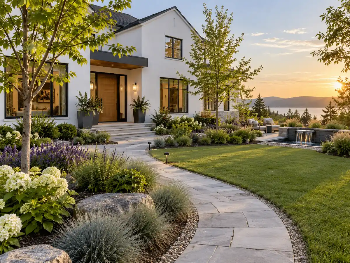 Modern white house with a landscaped lawn, curved path, and trees