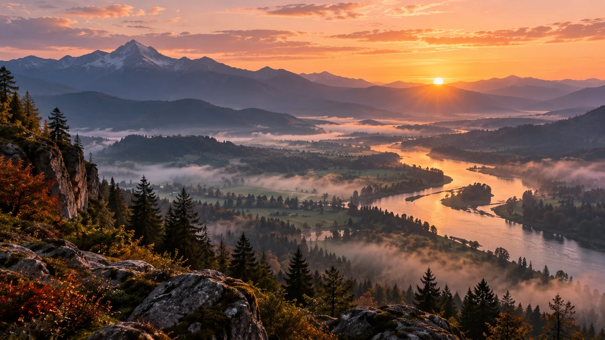 Panoramic AI landscape of a valley at dawn with layered hills and a glowing sky