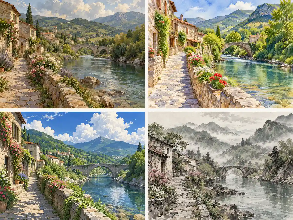 Landscapes in four styles: oil painting forest, watercolor riverside lane, anime countryside, and ink wash mountains