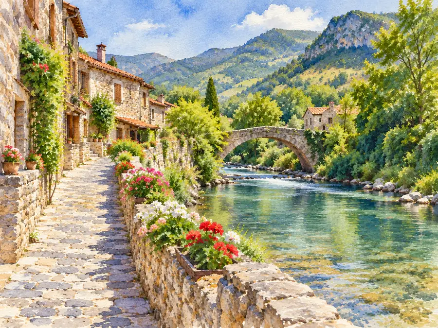 Drag to compare the original landscape photo and the AI watercolor version (after)
