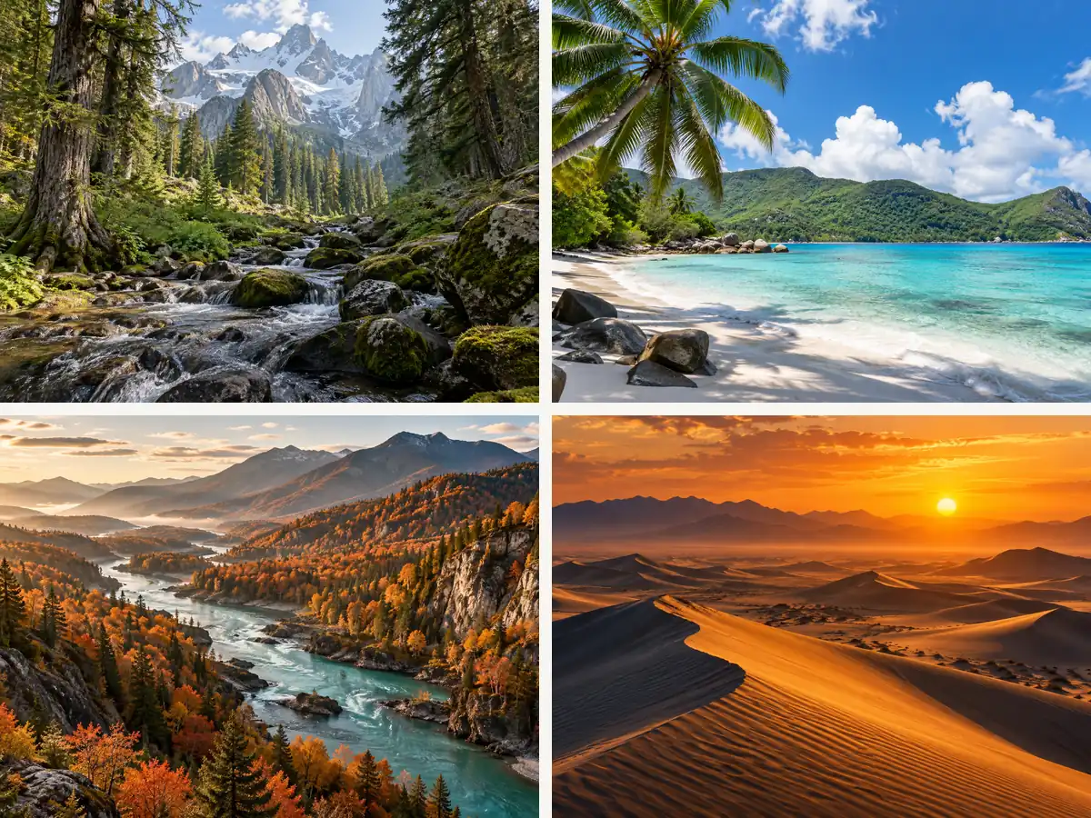Four AI generated landscapes: mountain forest, tropical beach, autumn river, and desert dunes