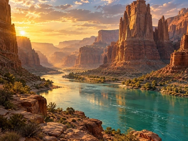 Red rock canyon towers above a turquoise river in warm golden light