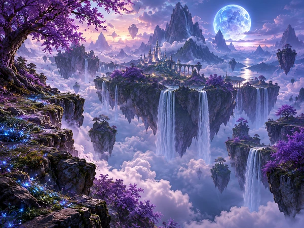 Fantasy landscape with a glowing blue moon over purple trees and a misty mountain valley