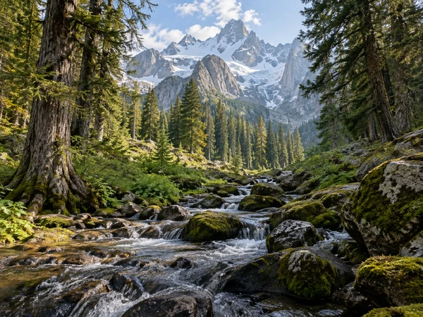 AI generated landscape of snowy mountain peaks framed by trees and a mossy stream