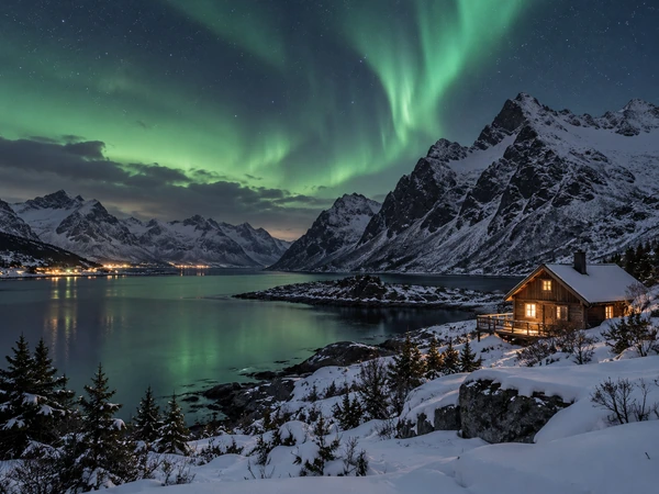 Log cabin in a snowy valley below alpine peaks and pine trees
