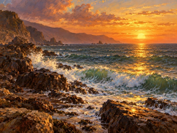 Painted sunset over the ocean with glowing waves rolling onto a beach