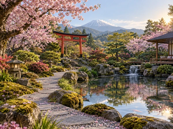Japanese garden with a red torii gate, cherry blossoms, and a reflecting pond