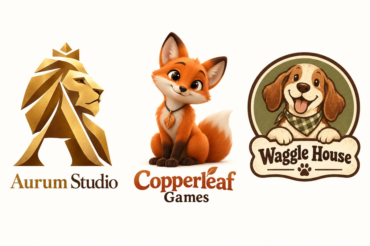 Three mascot logos: a lion lettermark, a 3D fox game studio logo, and a vintage dog pet shop logo