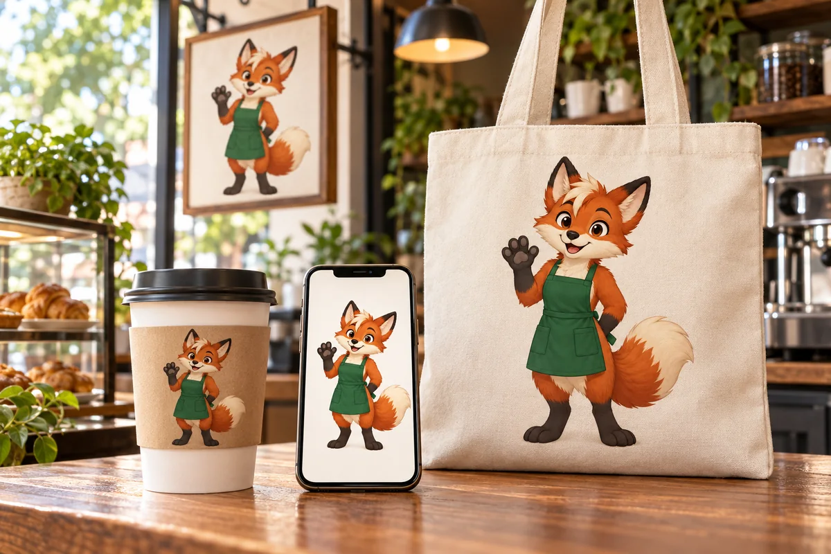 The same original fox barista mascot on a cafe sign, paper coffee cup, tote bag, and phone screen