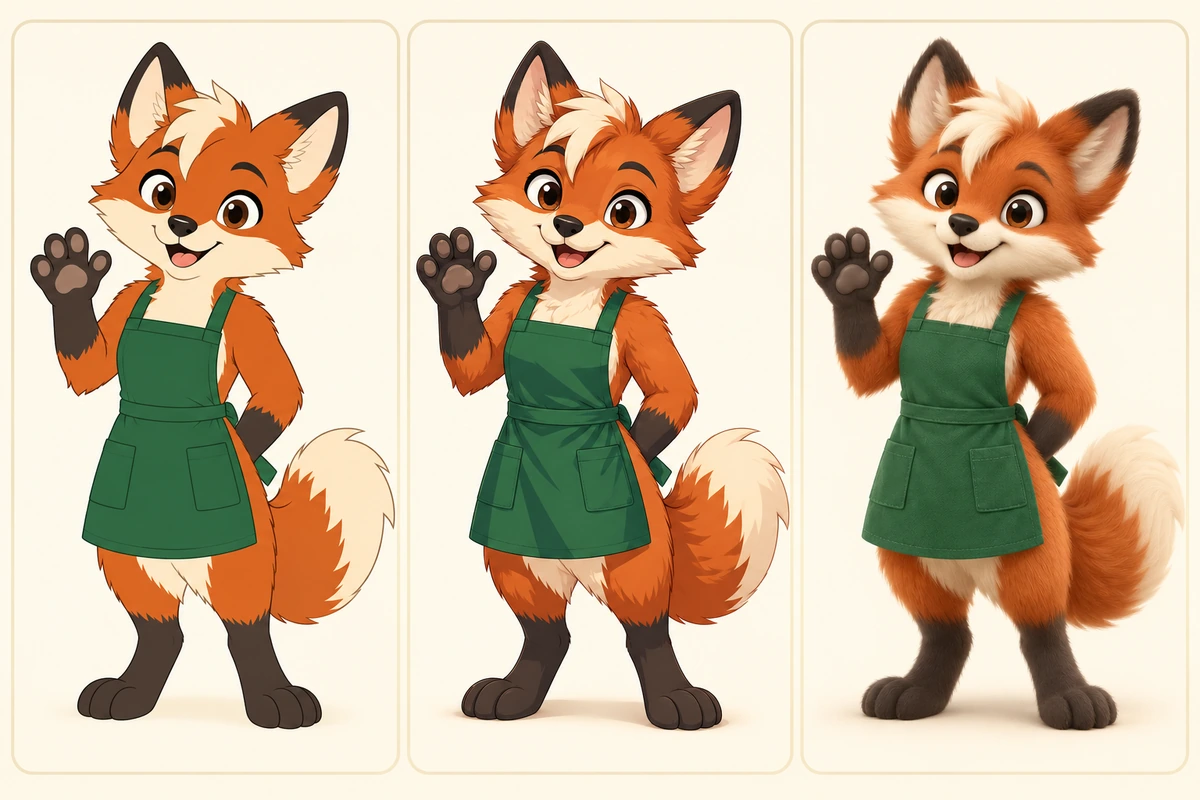 The same green-apron fox mascot shown in flat vector, anime, and cute 3D styles