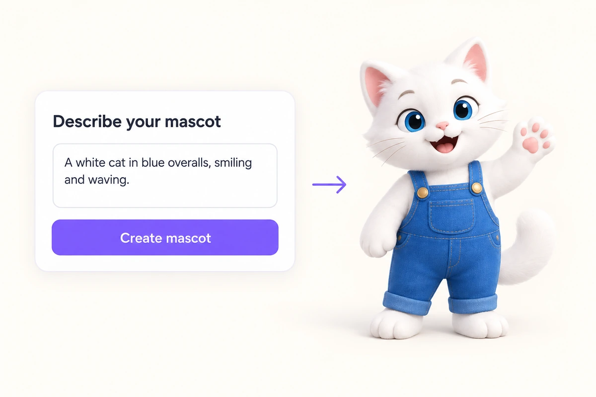 A written mascot description next to the cute white cat mascot in a blue jumpsuit it produced