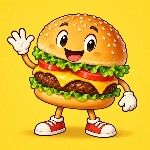 Cartoon burger food mascot waving on a yellow background