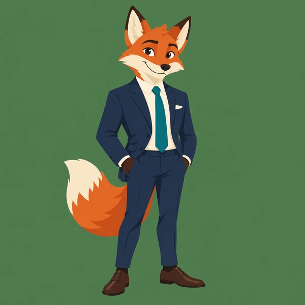 Flat vector fox mascot in a navy business suit on a green background