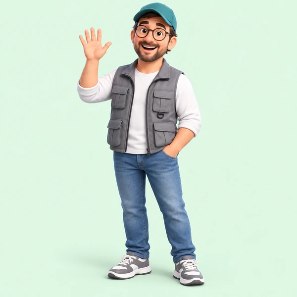3D human mascot character with glasses, a cap, and a gray vest